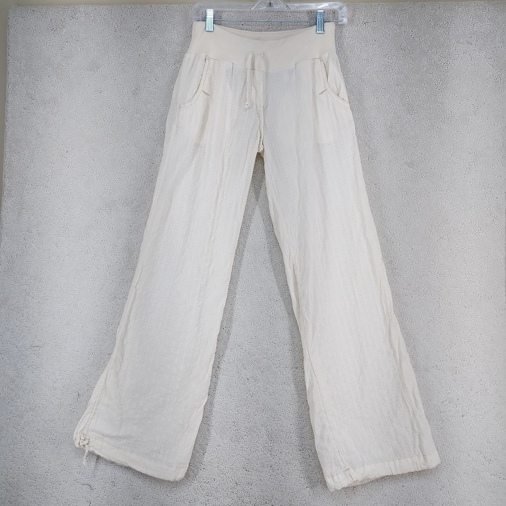 Womens Pants 4 Cotton Drawstring Wide Leg Cream Eyelet Pocket Button Casual